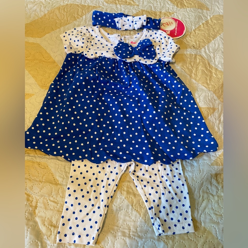 Nannette Blue and White Polka Dot Baby Dress with Leggings 12 months